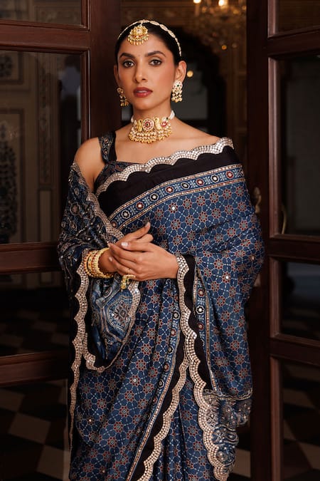 Geroo Jaipur Blue Modal, Silk Sequins, Ajrakh Printed Saree With Unstitched Blouse Piece at Aza Fashions Geroo Jaipur_Blue Modal, Silk Sequins, Ajrakh Printed Saree With Unstitched Blouse Piece_at_Aza_Fashions