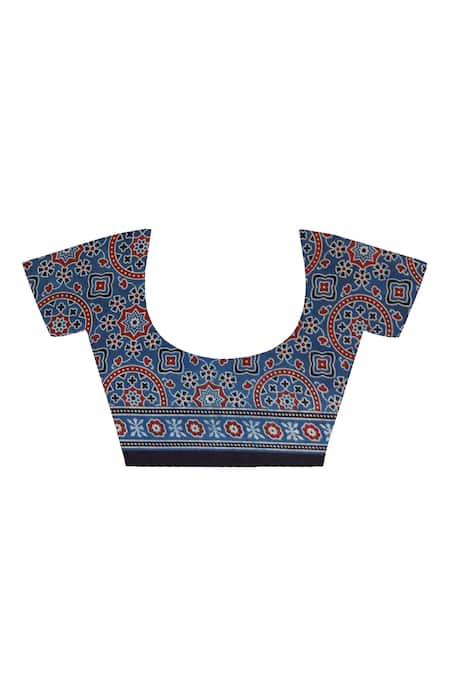 Buy Geroo Jaipur Blue Modal, Silk Sequins, Ajrakh Printed Saree With Unstitched Blouse Piece Buy_Geroo Jaipur_Blue Modal, Silk Sequins, Ajrakh Printed Saree With Unstitched Blouse Piece