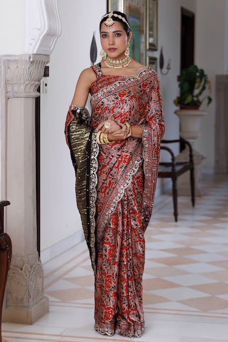 Geroo Jaipur_Maroon Modal, Silk Sequins, Printed Saree With Unstitched Blouse Piece _at_Aza_Fashions