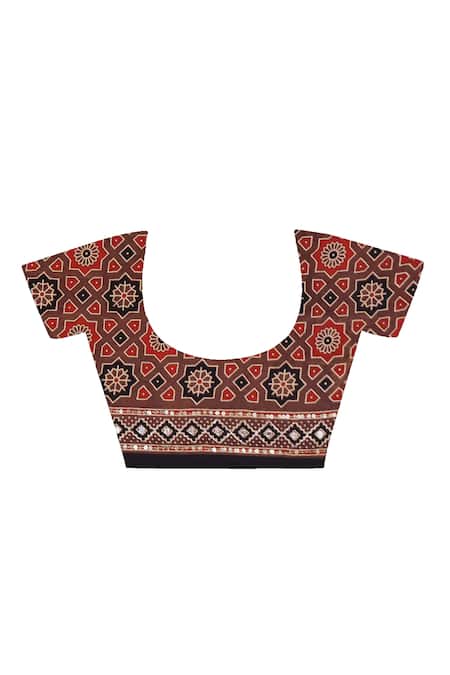 Geroo Jaipur_Maroon Modal, Silk Sequins, Ajrakh Print Saree With Unstitched Blouse Piece _Online_at_Aza_Fashions