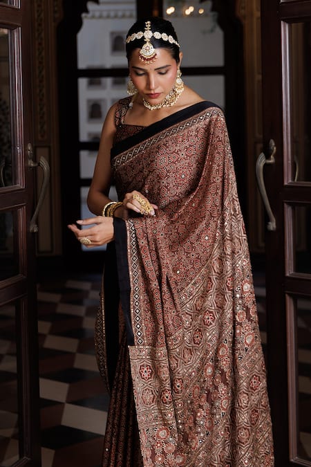Shop_Geroo Jaipur_Maroon Modal, Silk Sequins, Ajrakh Print Saree With Unstitched Blouse Piece _Online_at_Aza_Fashions