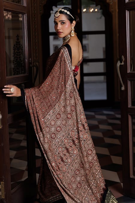 Geroo Jaipur_Maroon Modal, Silk Sequins, Ajrakh Print Saree With Unstitched Blouse Piece _at_Aza_Fashions