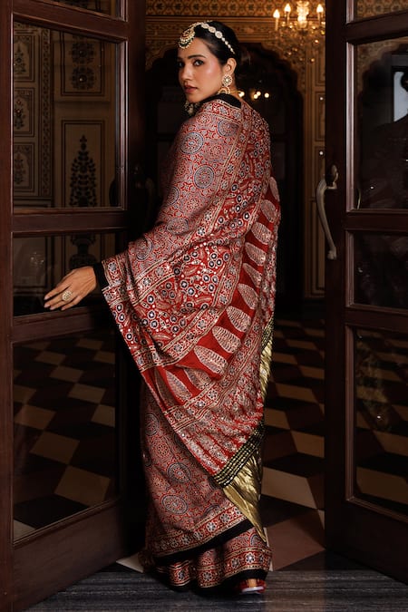 Geroo Jaipur Ajrakh Hand Block Print Saree With Unstitched Blouse Piece 