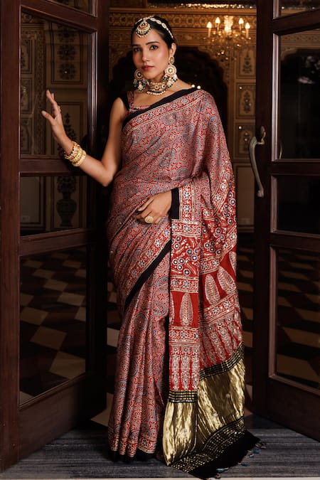 Geroo Jaipur Ajrakh Hand Block Print Saree With Unstitched Blouse Piece 