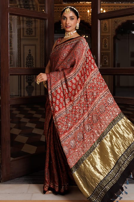 Geroo Jaipur_Maroon Modal, Silk Sequins, Tassels Ajrakh Saree With Unstitched Blouse Piece _at_Aza_Fashions