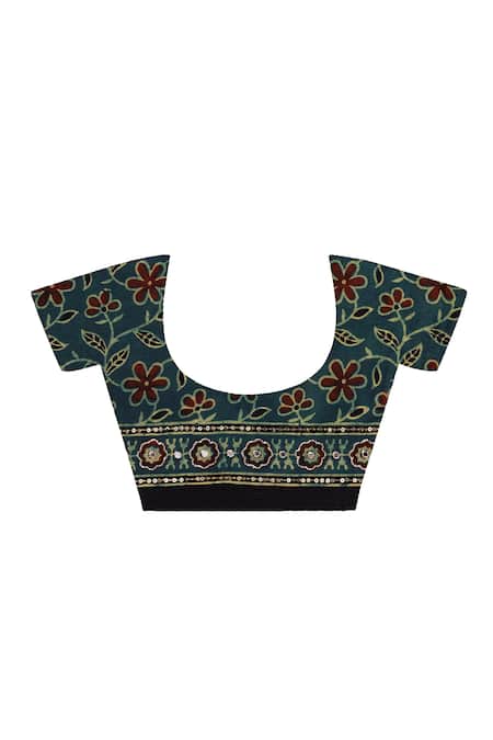 Shop_Geroo Jaipur_Green Modal Sequins, Embroidery Ajrakh Print Saree With Unstitched Blouse Piece _Online_at_Aza_Fashions