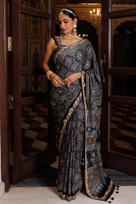 Buy_Geroo Jaipur_Blue Modal, Silk Zari, Hand Block Print Saree With Unstitched Blouse Piece _Online_at_Aza_Fashions