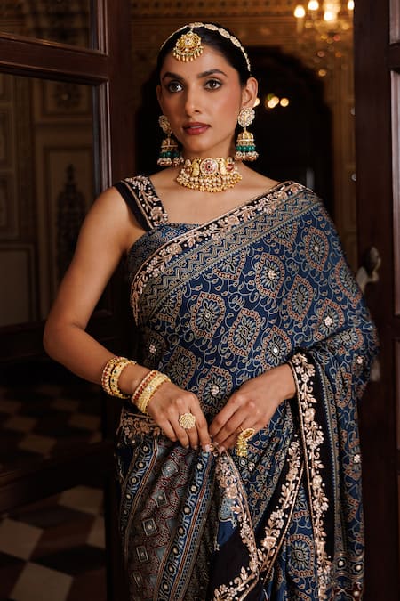 Shop_Geroo Jaipur_Blue Modal, Silk Zari, Hand Block Print Saree With Unstitched Blouse Piece _Online_at_Aza_Fashions