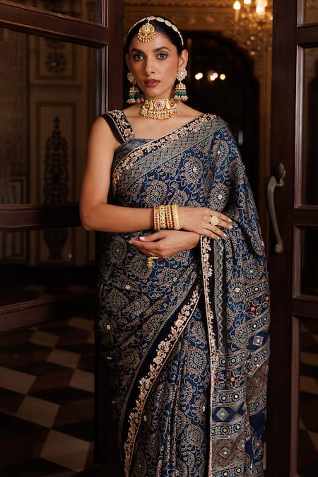 Geroo Jaipur_Blue Modal, Silk Zari, Hand Block Print Saree With Unstitched Blouse Piece _at_Aza_Fashions