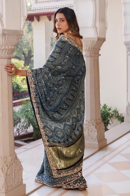 Geroo Jaipur Indigo Silk Ajrakh Saree With Unstitched Blouse Piece 