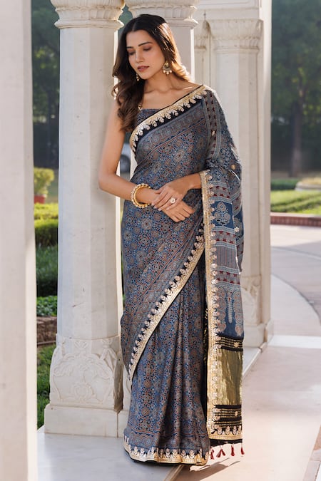 Geroo Jaipur_Blue Modal, Silk Gota Hand Block Printed Saree With Unstitched Blouse Piece _Online_at_Aza_Fashions