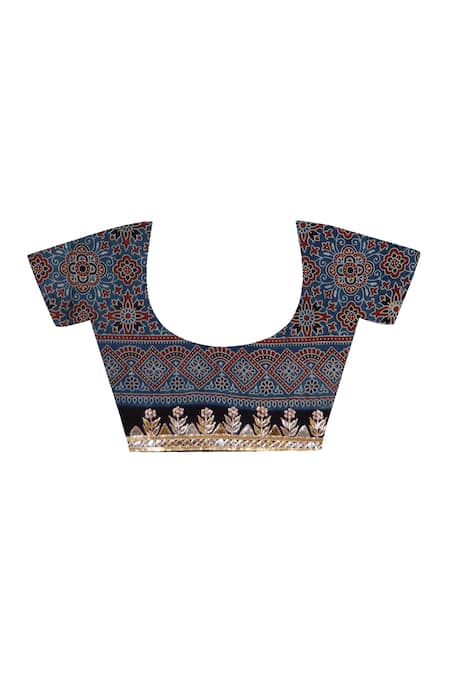 Buy_Geroo Jaipur_Blue Modal, Silk Gota Hand Block Printed Saree With Unstitched Blouse Piece _Online_at_Aza_Fashions