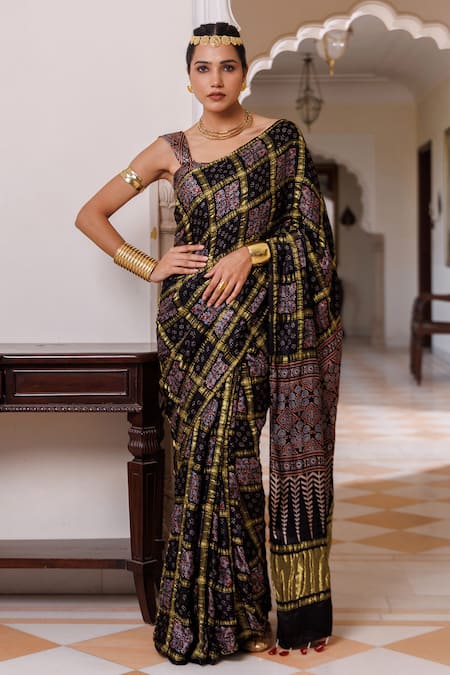 Geroo Jaipur Ajrakh Saree With Unstitched Blouse Piece 