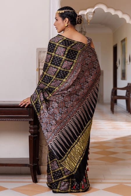 Geroo Jaipur Ajrakh Saree With Unstitched Blouse Piece 