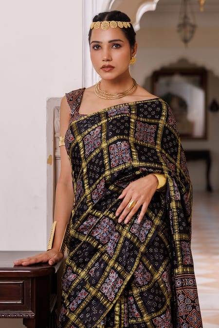 Buy_Geroo Jaipur_Black Modal Zari Ajrakh Saree With Unstitched Blouse Piece _Online_at_Aza_Fashions