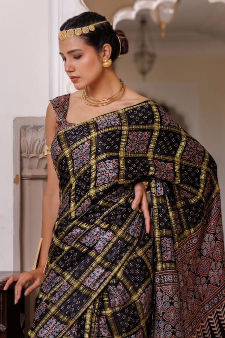 Buy_Geroo Jaipur_Black Modal Zari Ajrakh Saree With Unstitched Blouse Piece 