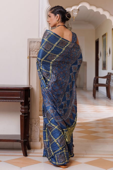 Geroo Jaipur Ajrakh Print Saree With Unstitched Blouse Piece 