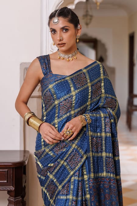 Geroo Jaipur Blue Modal, Silk Zari Ajrakh Print Saree With Unstitched Blouse Piece Online at Aza Fashions Geroo Jaipur_Blue Modal, Silk Zari Ajrakh Print Saree With Unstitched Blouse Piece _Online_at_Aza_Fashions