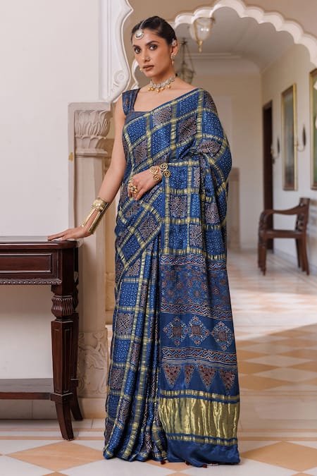Geroo Jaipur Ajrakh Print Saree With Unstitched Blouse Piece 