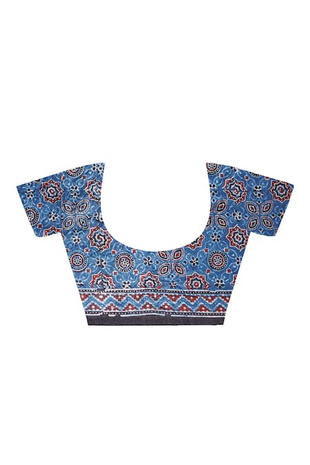 Shop Geroo Jaipur Blue Modal, Silk Zari Ajrakh Print Saree With Unstitched Blouse Piece Online at Aza Fashions Shop_Geroo Jaipur_Blue Modal, Silk Zari Ajrakh Print Saree With Unstitched Blouse Piece _Online_at_Aza_Fashions