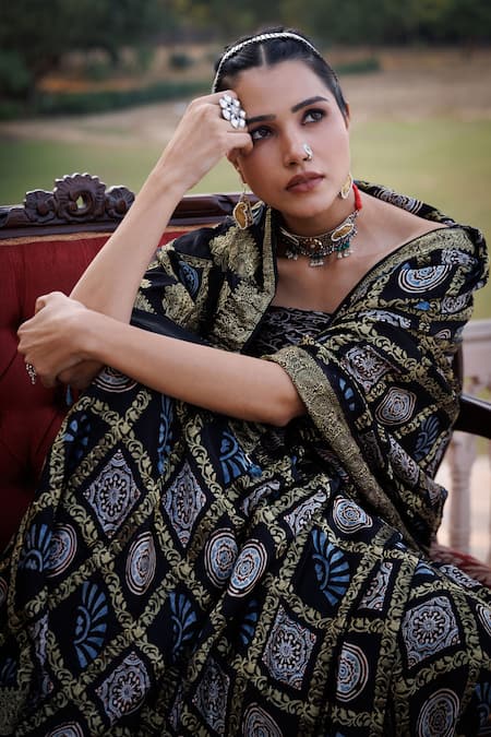 Geroo Jaipur_Black Modal, Silk Zari Ajrakh Pattern Saree With Unstitched Blouse Piece _Online_at_Aza_Fashions