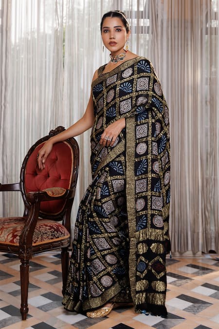 Buy_Geroo Jaipur_Black Modal, Silk Zari Ajrakh Pattern Saree With Unstitched Blouse Piece _Online_at_Aza_Fashions