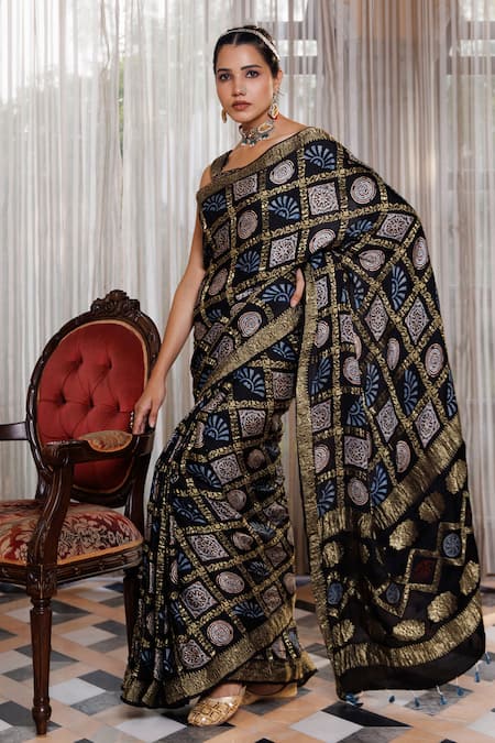 Shop_Geroo Jaipur_Black Modal, Silk Zari Ajrakh Pattern Saree With Unstitched Blouse Piece _Online_at_Aza_Fashions