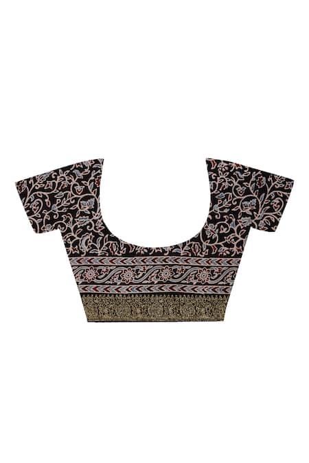 Geroo Jaipur_Black Modal, Silk Zari Ajrakh Pattern Saree With Unstitched Blouse Piece _at_Aza_Fashions