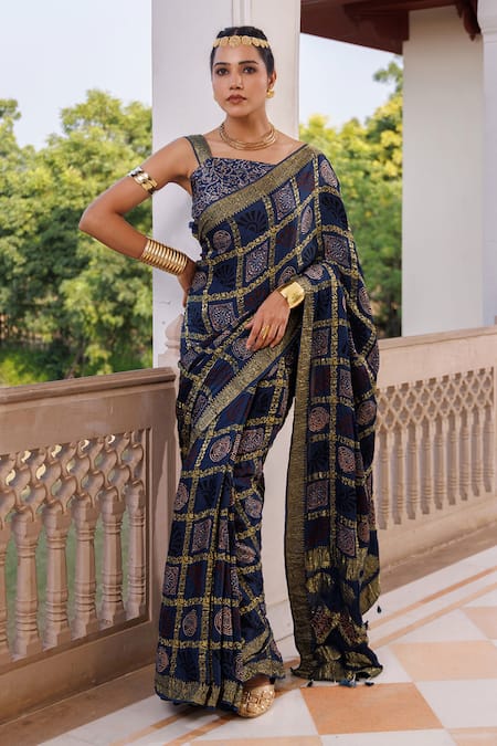 Geroo Jaipur Ajrakh Pattern Saree With Unstitched Blouse Piece 
