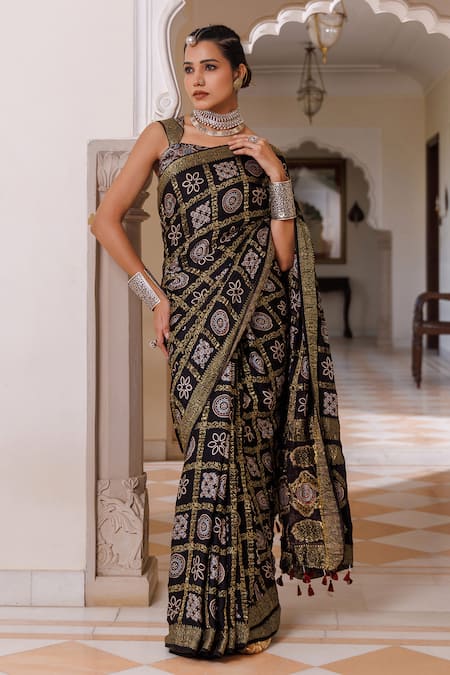 Geroo Jaipur Ajrakh Saree With Unstitched Blouse Piece 
