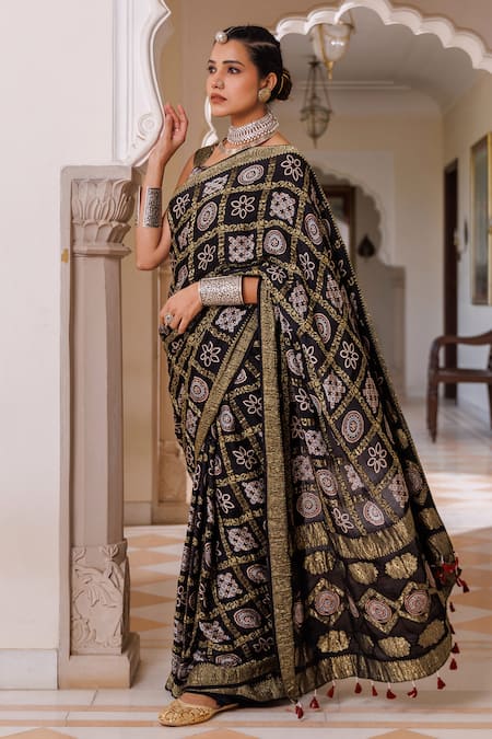 Buy_Geroo Jaipur_Black Modal, Silk Zari, Tassels Ajrakh Saree With Unstitched Blouse Piece _Online_at_Aza_Fashions