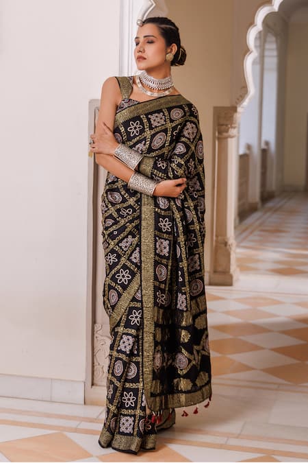 Shop_Geroo Jaipur_Black Modal, Silk Zari, Tassels Ajrakh Saree With Unstitched Blouse Piece _Online_at_Aza_Fashions
