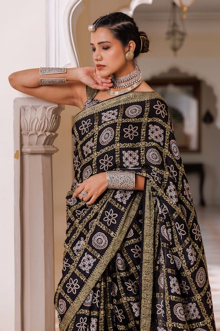 Geroo Jaipur_Black Modal, Silk Zari, Tassels Ajrakh Saree With Unstitched Blouse Piece _at_Aza_Fashions