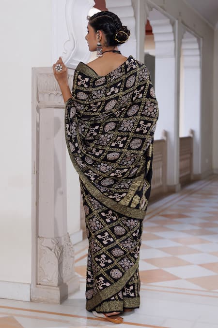 Geroo Jaipur Ajrakh Woven Saree With Unstitched Blouse Piece 