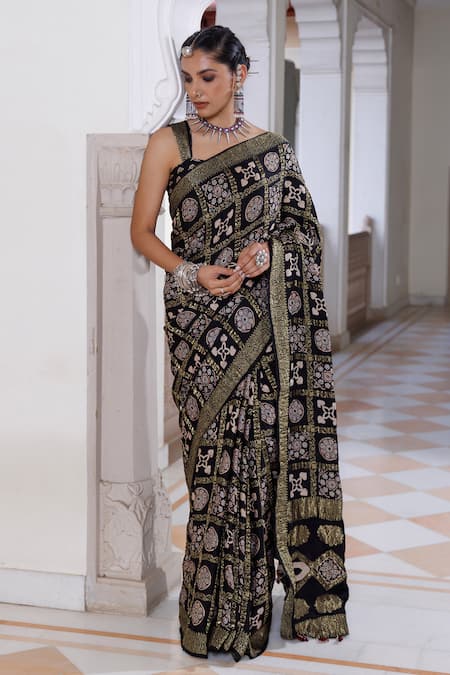 Geroo Jaipur Ajrakh Woven Saree With Unstitched Blouse Piece 