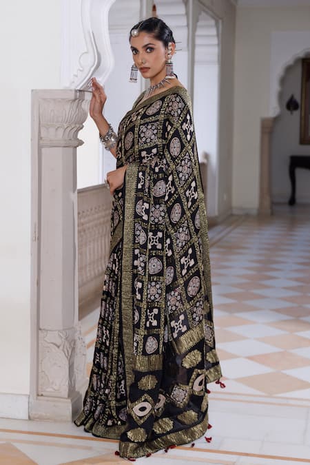 Geroo Jaipur_Black Modal, Silk Zari, Ajrakh Woven Saree With Unstitched Blouse Piece _Online_at_Aza_Fashions