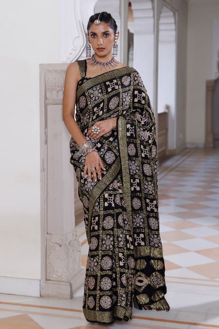 Buy_Geroo Jaipur_Black Modal, Silk Zari, Ajrakh Woven Saree With Unstitched Blouse Piece _Online_at_Aza_Fashions
