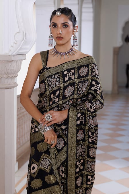 Shop_Geroo Jaipur_Black Modal, Silk Zari, Ajrakh Woven Saree With Unstitched Blouse Piece _Online_at_Aza_Fashions
