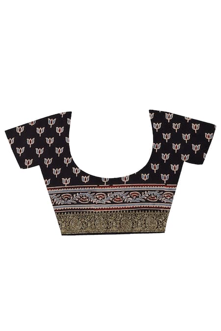 Geroo Jaipur_Black Modal, Silk Zari, Ajrakh Woven Saree With Unstitched Blouse Piece _at_Aza_Fashions