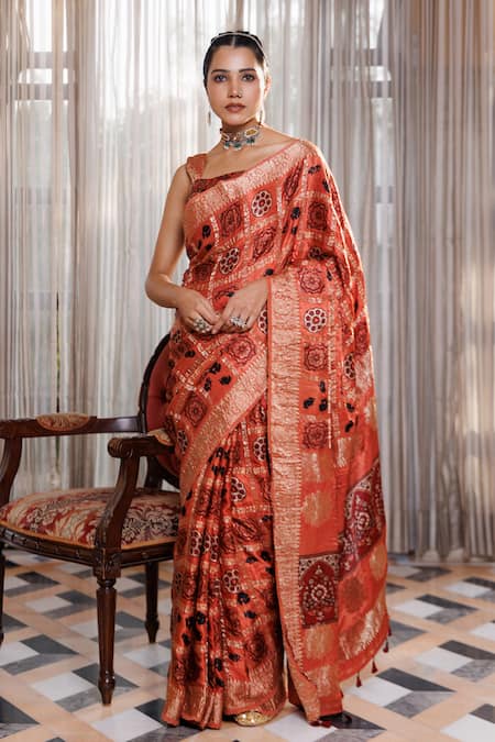 Geroo Jaipur Ajrakh Pattern Saree With Unstitched Blouse Piece 