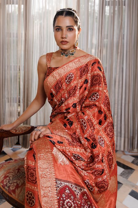 Geroo Jaipur_Peach Modal, Silk Zari Ajrakh Pattern Saree With Unstitched Blouse Piece _Online_at_Aza_Fashions