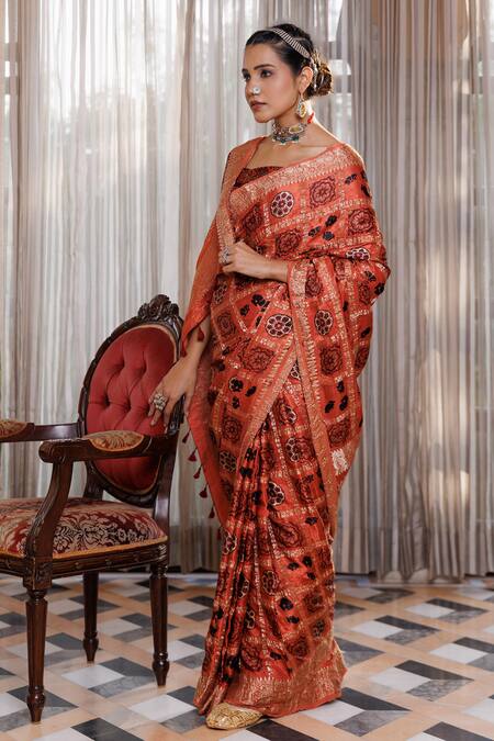 Buy_Geroo Jaipur_Peach Modal, Silk Zari Ajrakh Pattern Saree With Unstitched Blouse Piece _Online_at_Aza_Fashions