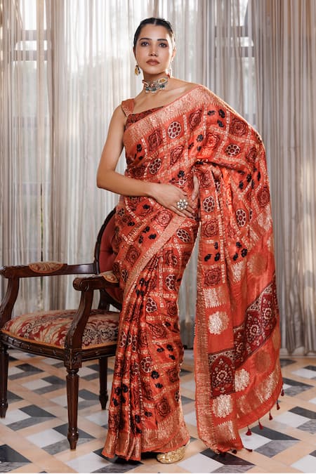 Shop_Geroo Jaipur_Peach Modal, Silk Zari Ajrakh Pattern Saree With Unstitched Blouse Piece _Online_at_Aza_Fashions
