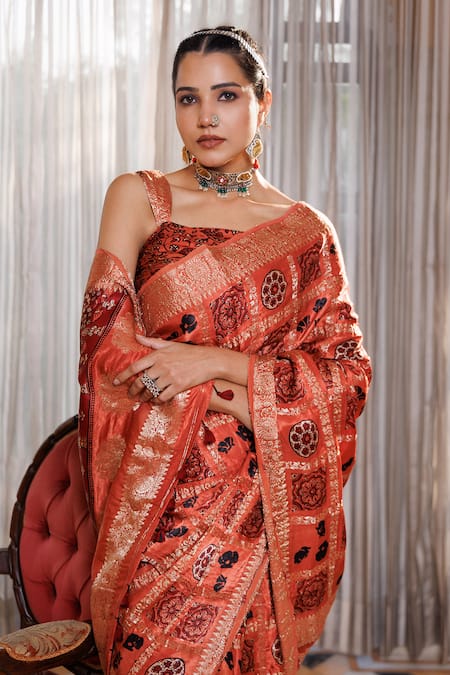 Geroo Jaipur_Peach Modal, Silk Zari Ajrakh Pattern Saree With Unstitched Blouse Piece _at_Aza_Fashions