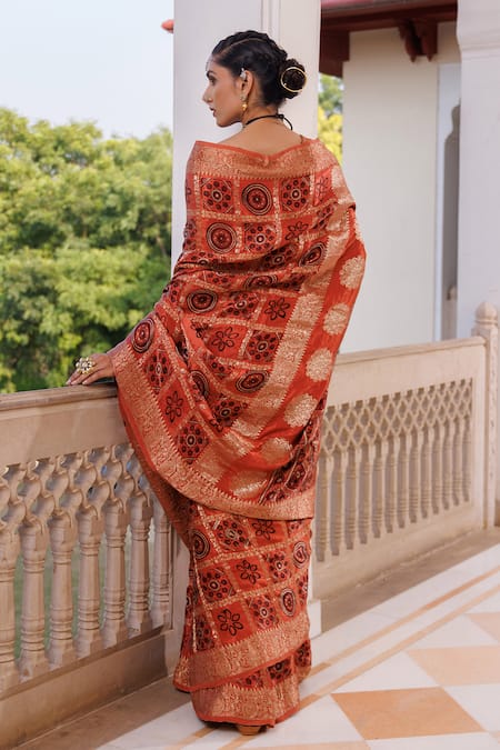 Geroo Jaipur Ajrakh Woven Saree With Unstitched Blouse Piece 