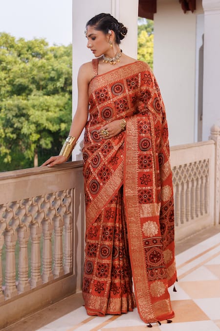 Geroo Jaipur Ajrakh Woven Saree With Unstitched Blouse Piece 