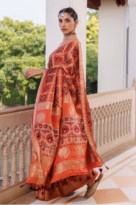 Buy_Geroo Jaipur_Peach Modal, Silk Zari, Tassels Ajrakh Woven Saree With Unstitched Blouse Piece _Online_at_Aza_Fashions