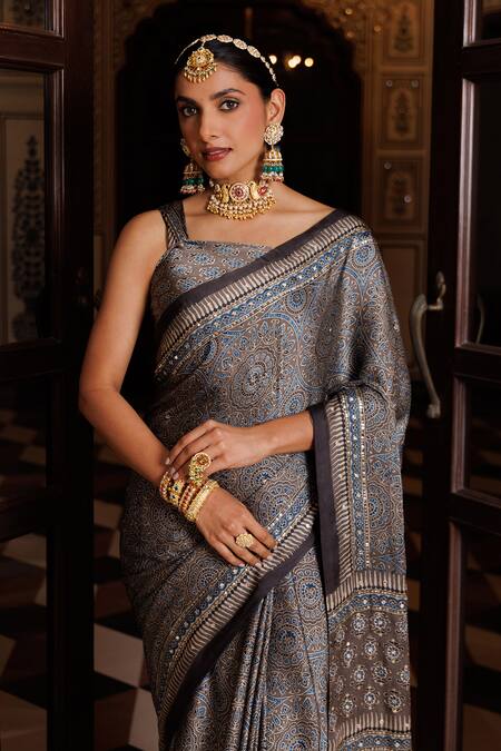 Shop_Geroo Jaipur_Blue Modal, Silk Sequins, Embroidery Woven Saree With Unstitched Blouse Piece _Online_at_Aza_Fashions