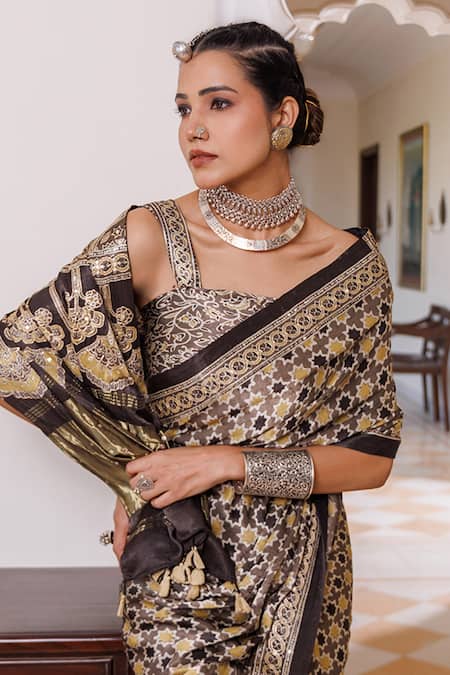 Geroo Jaipur_Brown Modal, Silk Sequins, Embroidery, Woven Saree With Unstitched Blouse Piece _Online_at_Aza_Fashions