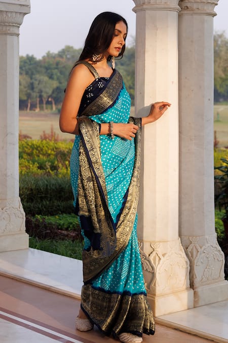 Buy_Geroo Jaipur_Blue Silk Zari Bandhani Woven Saree With Unstitched Blouse Piece _Online_at_Aza_Fashions